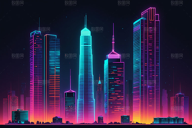 霓虹城市未来地标插画