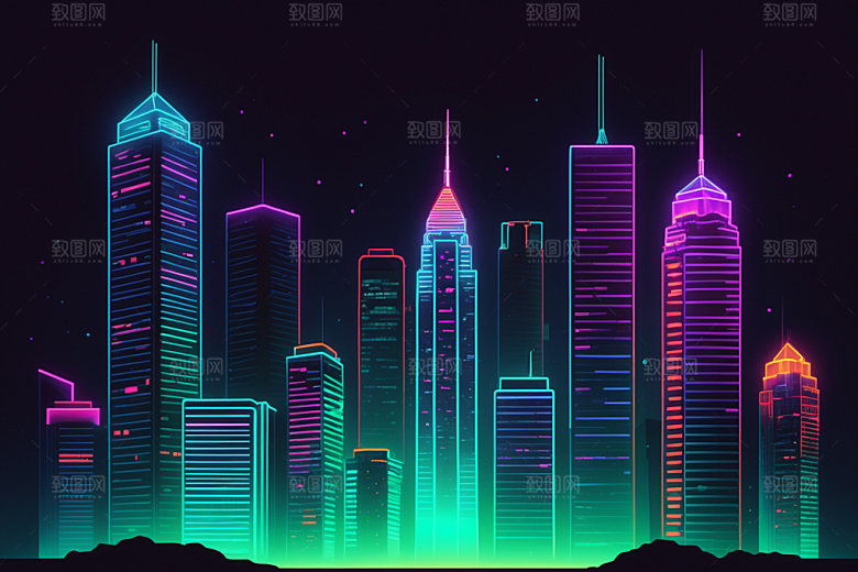 霓虹城市地标建筑插画