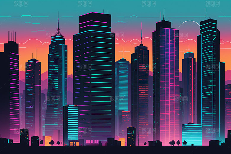 霓虹城市都市赛博朋克插画