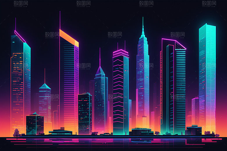 霓虹城市元素彩色插画