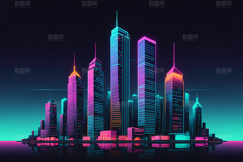 霓虹城市赛博朋克地标插画