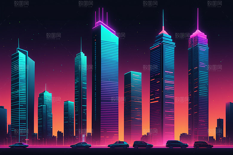霓虹城市彩色赛博朋克插画