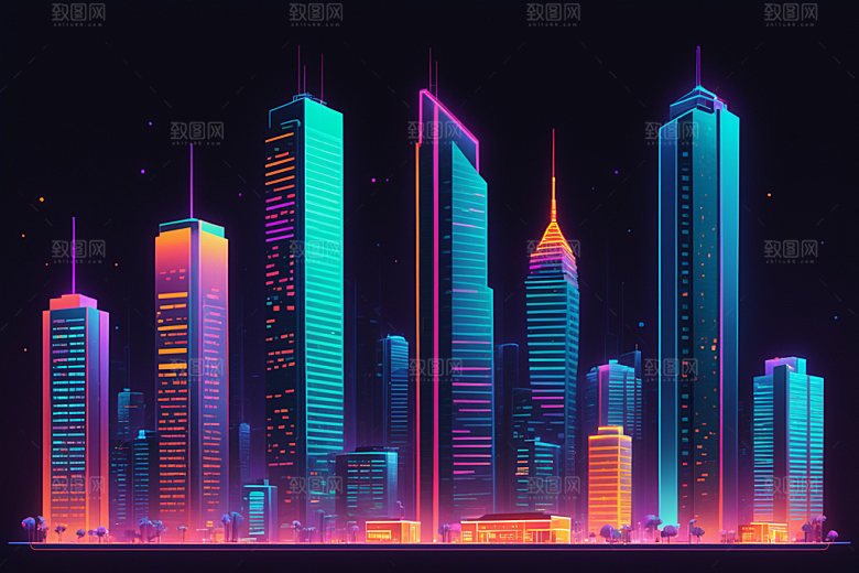霓虹城市建筑未来插画