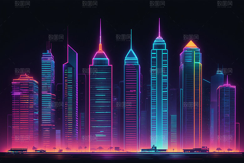 霓虹城市未来地标插画