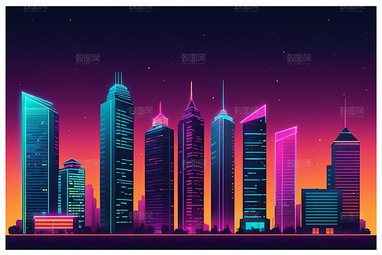 霓虹城市元素赛博朋克插画