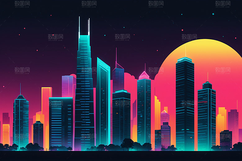 霓虹城市科技感都市插画