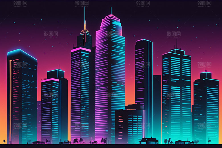 霓虹城市都市建筑插画