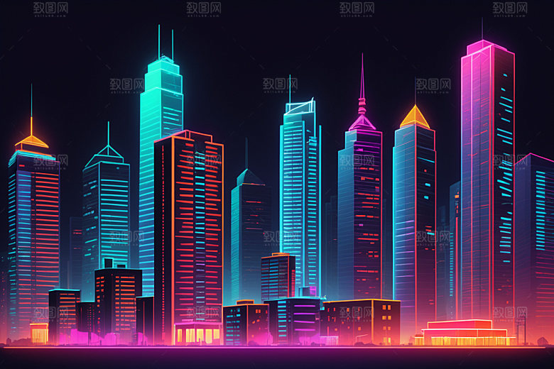 霓虹城市都市地标插画