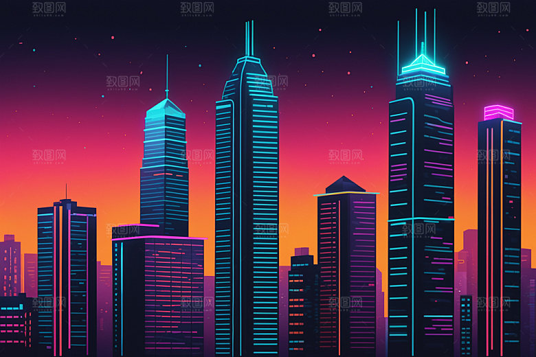 霓虹城市建筑都市插画