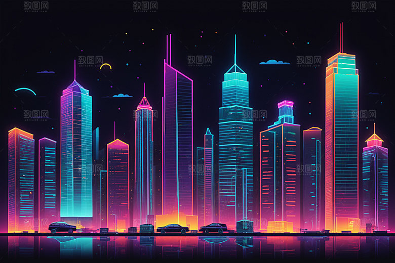 霓虹城市都市科技感插画