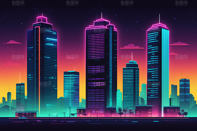 霓虹城市未来地标插画