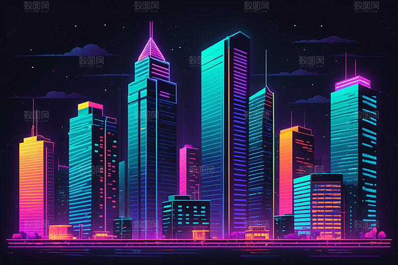 霓虹城市彩色都市插画
