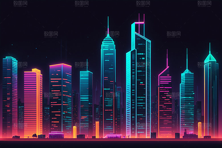 霓虹城市地标元素插画