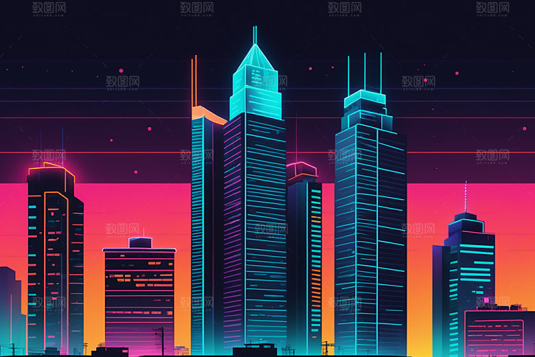 霓虹城市赛博朋克建筑插画