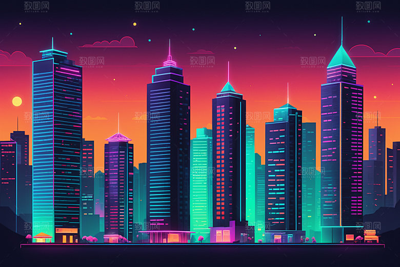 霓虹城市科技感未来插画