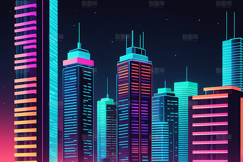 霓虹城市元素彩色插画