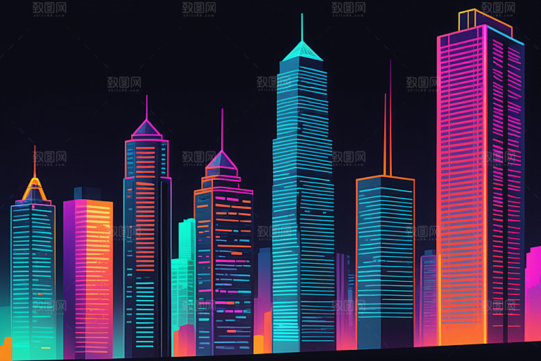 霓虹城市赛博朋克地标插画