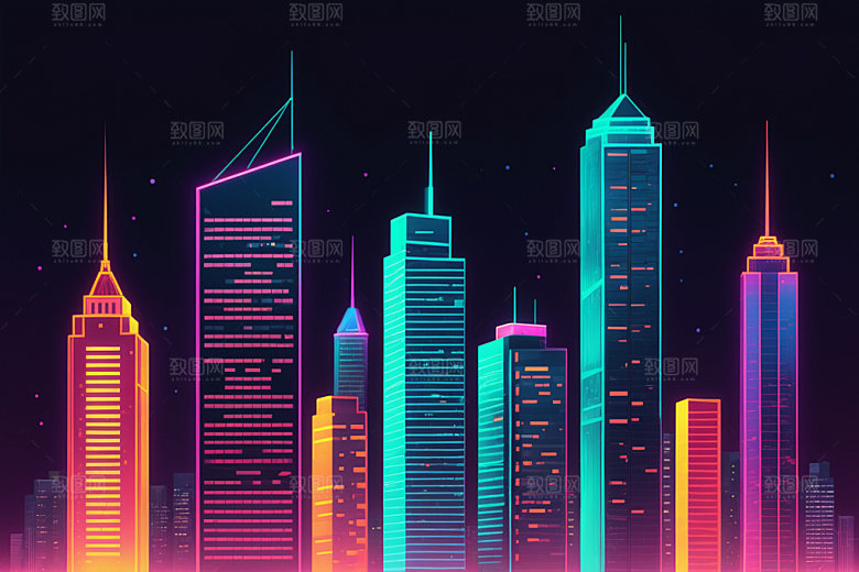 霓虹城市建筑都市插画