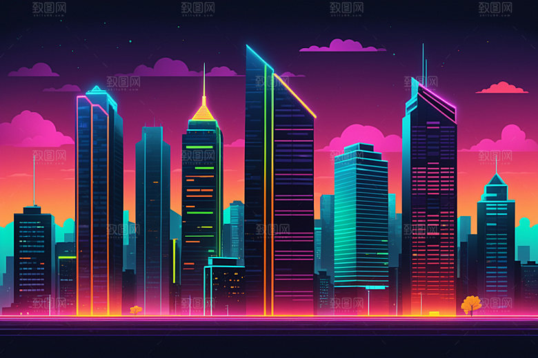 霓虹城市科技感赛博朋克插画