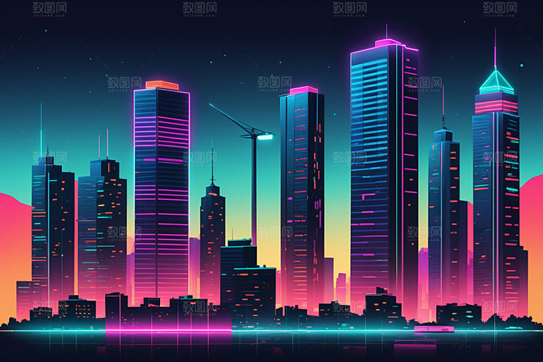 霓虹城市都市地标插画