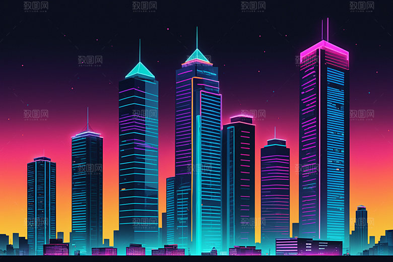 霓虹城市彩色建筑插画