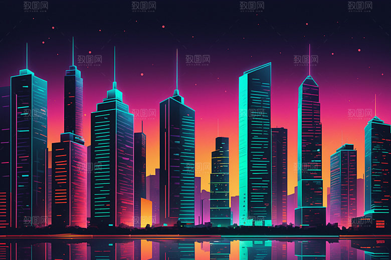 霓虹城市时尚彩色插画