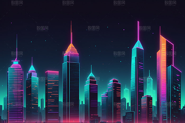 霓虹城市彩色科技感插画