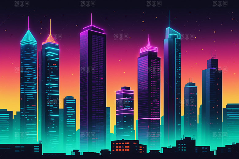 霓虹城市科技感彩色插画