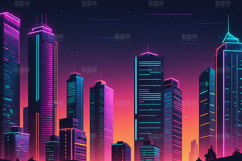 霓虹城市地标未来插画