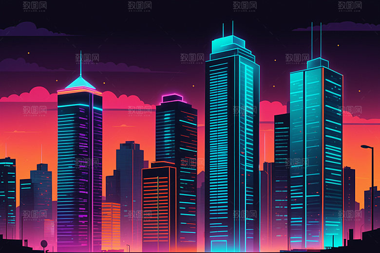 霓虹城市赛博朋克都市插画