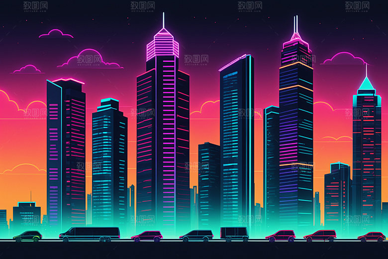 霓虹城市地标未来插画