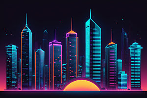 霓虹城市地标元素插画