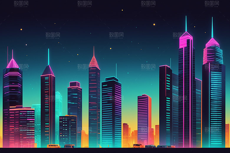 霓虹城市彩色时尚插画