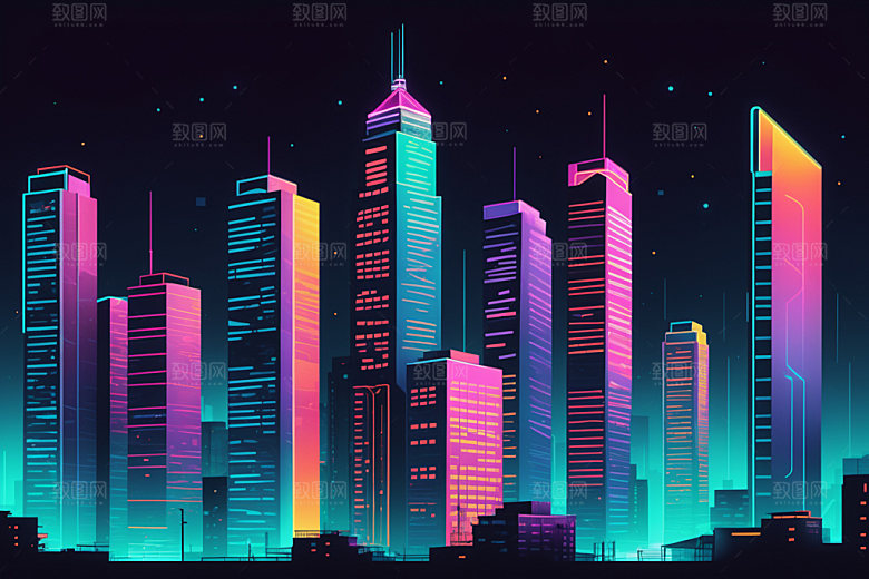 霓虹城市建筑未来插画