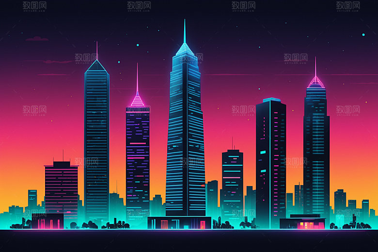 霓虹城市地标元素插画