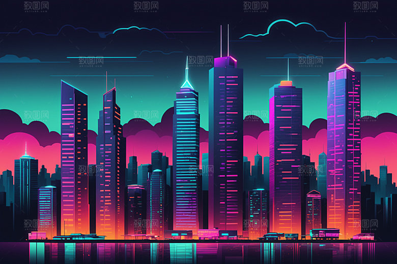 霓虹城市元素建筑插画