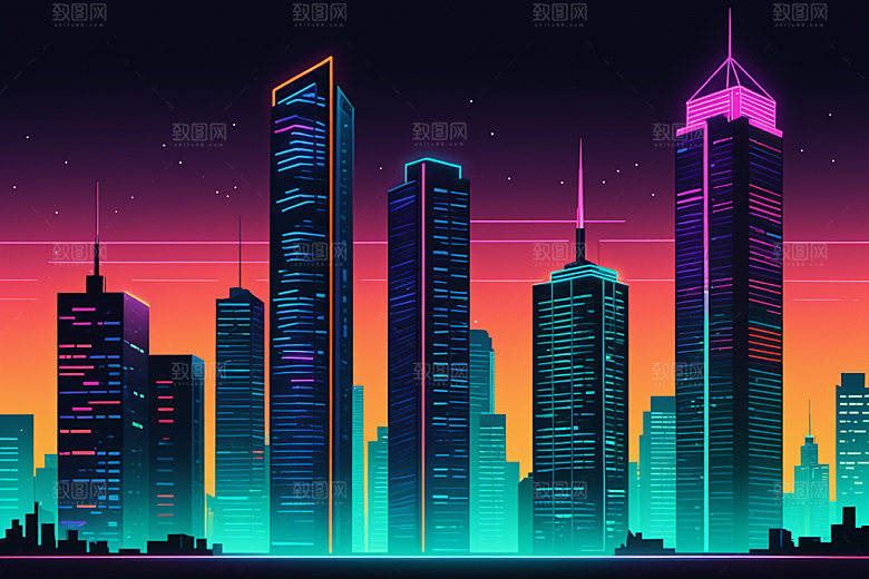霓虹城市未来地标插画
