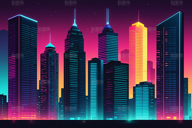 霓虹城市时尚彩色插画