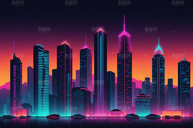 霓虹城市彩色元素插画