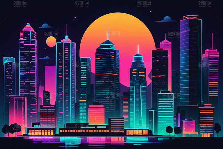 霓虹城市都市建筑插画