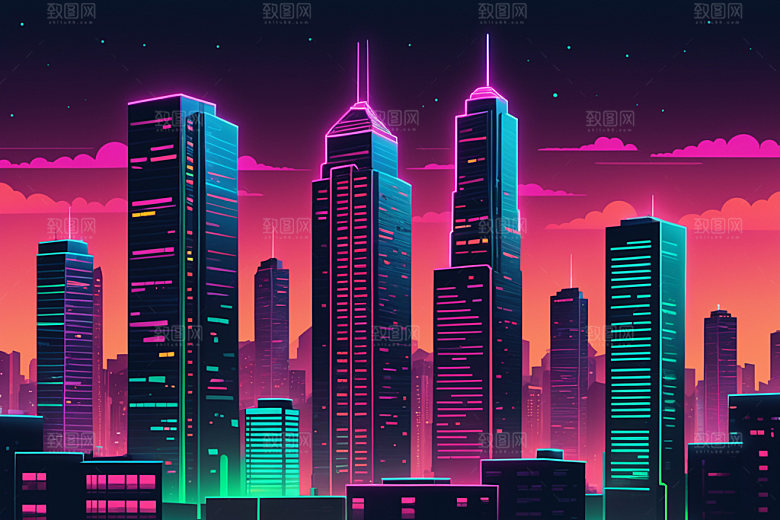霓虹城市未来地标插画