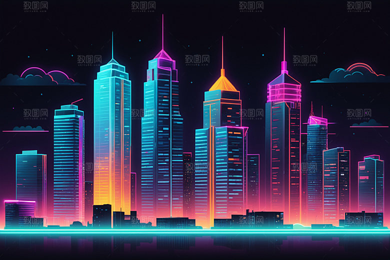 霓虹城市科技感彩色插画
