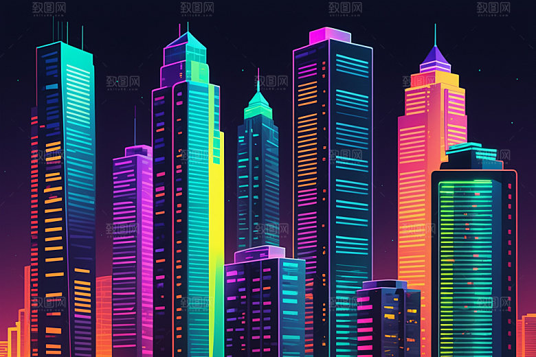 霓虹城市彩色赛博朋克插画