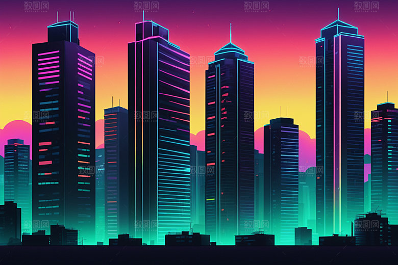 霓虹城市彩色未来插画
