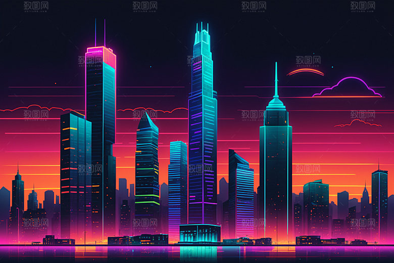 霓虹城市科技感都市插画