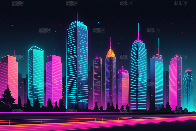 霓虹城市元素都市插画