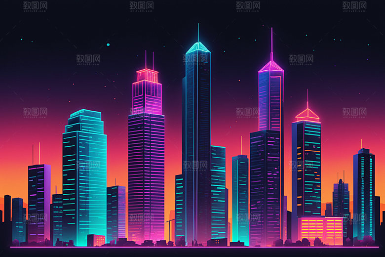 霓虹城市时尚建筑插画