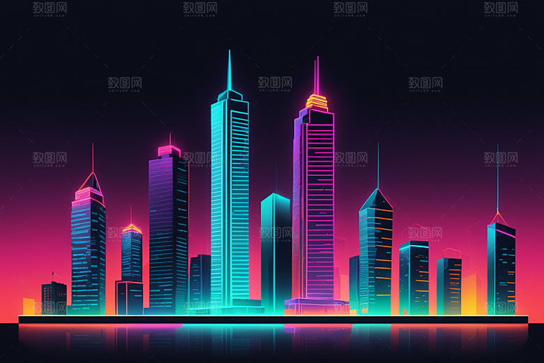 霓虹城市地标彩色插画