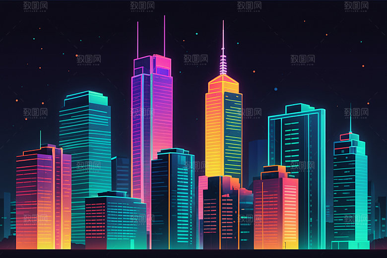 霓虹城市都市建筑插画
