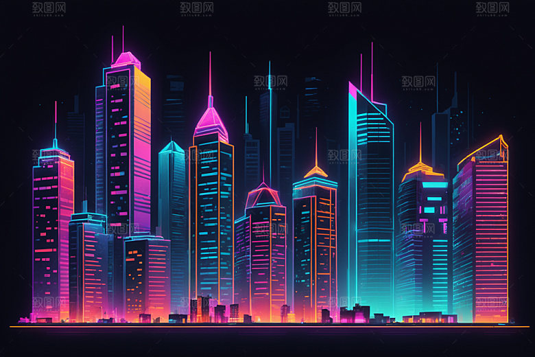 霓虹城市都市科技感插画